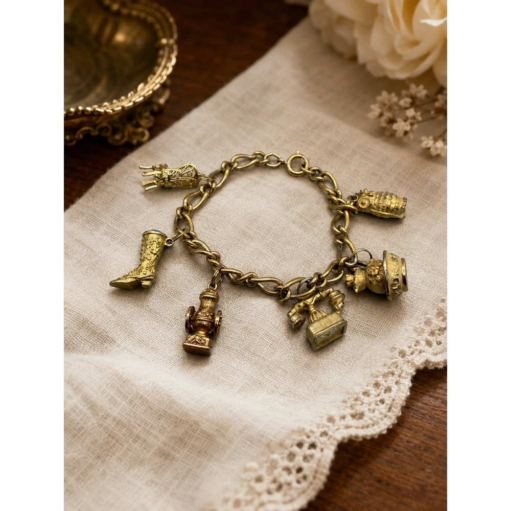 Vintage Avon Charm Bracelet Gold Tone FiguralCharms Owl Boot Chair Telephone